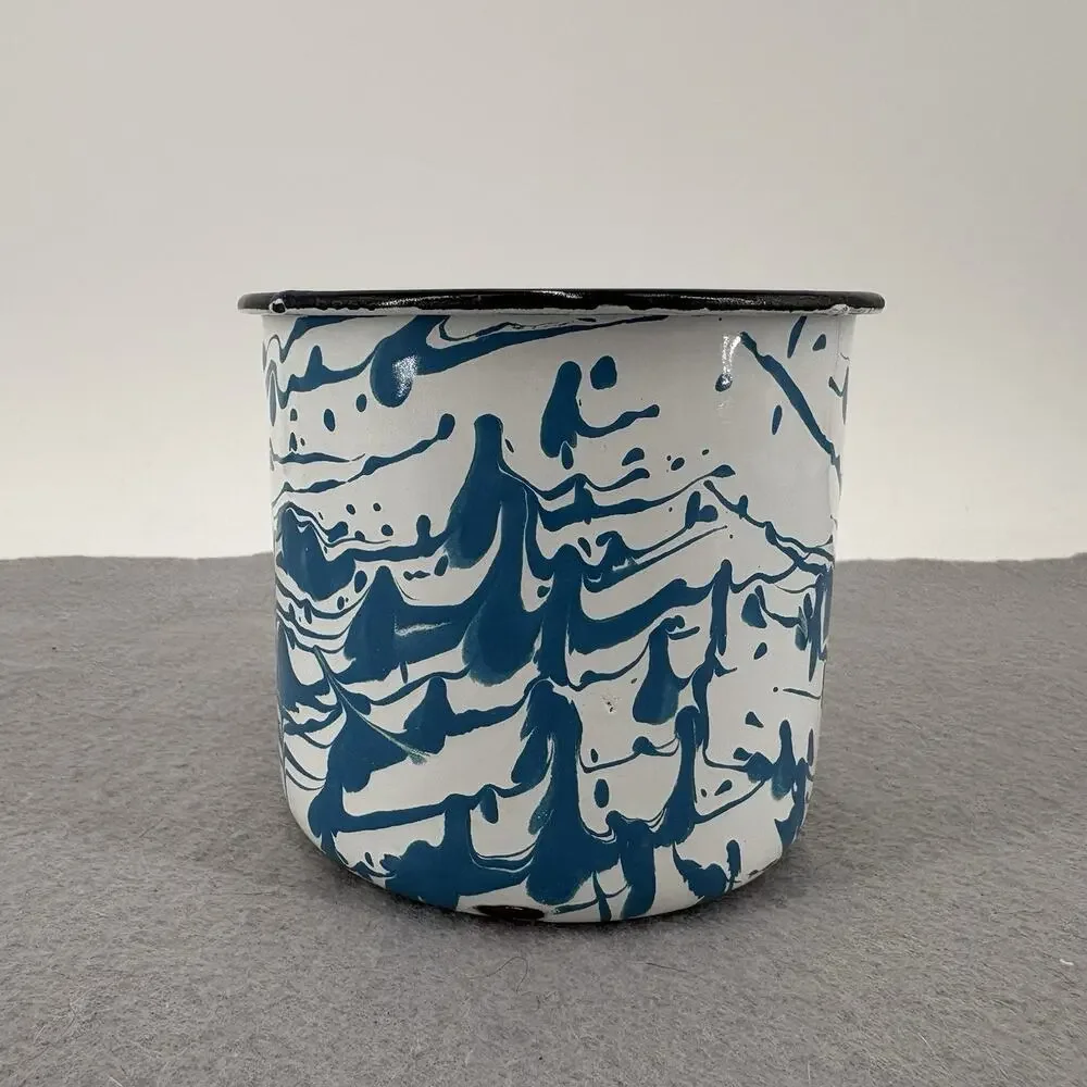 Beautiful VTG Enamelware Graniteware Coffee Mug Blue White Swirl W Dk Blue Rim